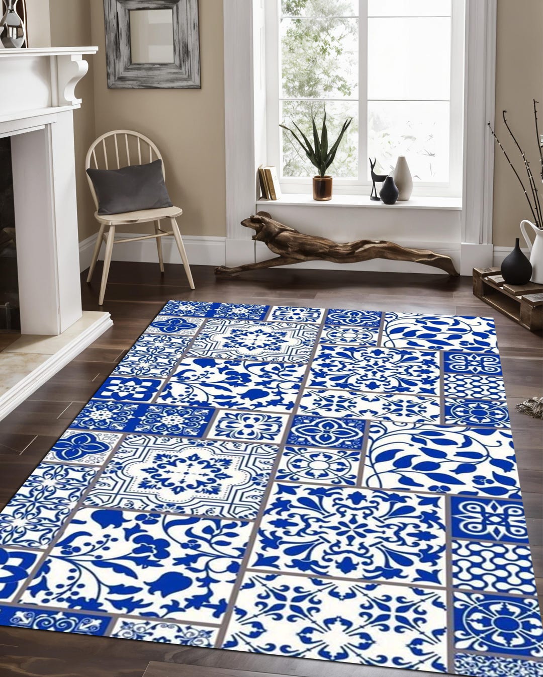 イラン製 青色 幾何学模様 ラグ 大きめ 青い花柄幾何学模様ラグ：トルコ