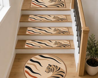 Tiger Stair Treads, Abstract Animal Print Step Mats, Boho Tiger Round Rug, Modern Staircase Decor, Non-Slip Wooden Step Carpet Cover