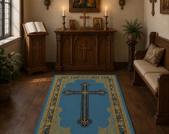 Alfombra de oración cristiana azul y dorada, reclinatorio católico, alfombra con cruz ortodoxa, decoración para altar doméstico, espacio sagrado, regalo espiritual y religioso.