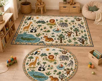 Safari Animal Rug, Jungle Kids Area Rug, Round Nursery Carpet, Wildlife Adventure Playroom Rug, Boys Girls Bedroom Decor