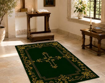 Alfombra de oración cristiana verde oscuro, reclinatorio católico, cruz dorada ornamentada, decoración para altar doméstico, elegante espacio sagrado, regalo religioso