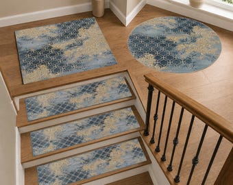 Blue Stair Tread Rug, Stair Landing Rug, Moroccan Trellis Rug, Round Rug, Square Rug, Beige Blue Hallway Entryway Decor