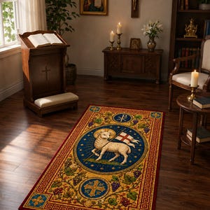 May include: A rectangular area rug featuring a central circular medallion with a lamb holding a cross-staff and flag, surrounded by grapevines and religious symbols including the Chi-Rho, set against a deep blue and gold patterned background.