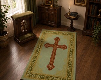 Alfombra de oración cristiana verde salvia, reclinatorio católico, alfombra con cruz burdeos, decoración para altar doméstico, espacio sagrado ortodoxo, regalo significativo