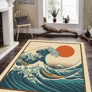 Great Wave Rug, Hokusai Rug, Japanese Art Rug, Ocean Wave Rug, Aesthetic Rug, Modern Art Decor Rug, Sun Wave Rug, Japanese Wave Design, Gift