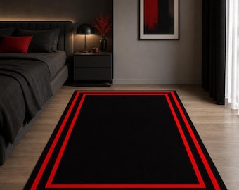 Modern Black and Red Area Rug, Geometric Minimalist Living Room Carpet, Bold Red Border Gamer Room Decor, Contemporary Edgy Floor Mat