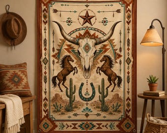 Western Wall Tapestry, Longhorn Skull Wall Hanging, Cowboy Ranch Decor, Southwestern Horse Tapestry, Rustic Desert Wall Art