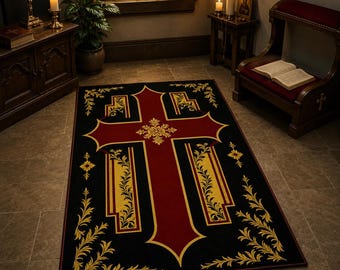 Alfombra de oración gótica negra con cruz roja, reclinatorio católico, decoración dorada ornamentada, altar doméstico, espacio sagrado, regalo espiritual vintage