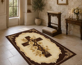 Alfombra de oración católica con cruz de madera con motivos florales botánicos, alfombra marrón vintage para altar, decoración rústica para espacio sagrado, regalo espiritual.