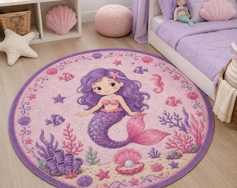 Mermaid Round Rug for Girls Room, Pink Purple Kids Area Rug, Under the Sea Nursery Decor, Ocean Sea Life Carpet, Mermaid Bedroom Rug