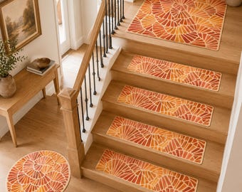 Non Slip Stair Treads, Mosaic Step Mats, Boho Staircase Decor, Stair rug, Step Cover, Round Landing Mat, Vibrant Stair Rug
