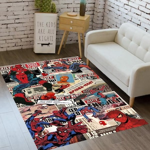 スパイダーマンラグ、スーパーヒーロー、漫画キャラクター、素晴らしいラグ、赤いラグ、子供部屋用ラグ、コミックラグ、子供部屋の装飾、子供の誕生日プレゼント CM165