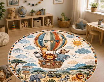 Safari Kids Rug, Hot Air Balloon Animal Rug, Round and Area Rug, Nursery Rug, Playroom Carpet, Jungle Baby Room Decor, Boho Kids Rug