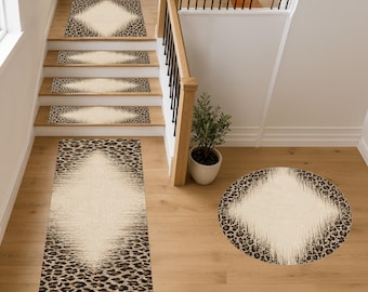 Leopard Stair Treads, Abstract Animal Pattern Step Mats, Cheetah Staircase Decor, Non-Slip Wooden Step Cover, Round Landing Rug