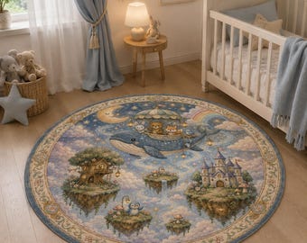 Whale Round Rug, Whimsical Nursery Rug, Fantasy Animal Carpet, Storybook Kids Room, Pastel Baby Bedroom, Magical Playroom Decor