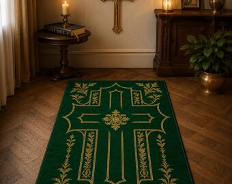 Alfombra de oración cristiana verde oscuro, reclinatorio católico, cruz gótica dorada ornamentada, decoración para altar doméstico, regalo para espacio sagrado