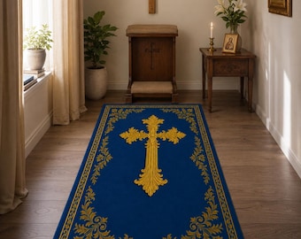 Alfombra de oración católica azul marino con cruz floral dorada para arrodillarse, decoración de altar ortodoxa, espacio sagrado cristiano devocional