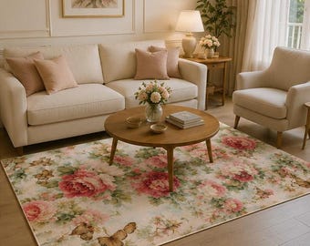 Vintage Botanical Area Rug, Pink Rose Floor Mat, Cottagecore Nursery Room Carpet, Shabby Chic Butterfly Decor, Romantic Bedroom Accent Rug