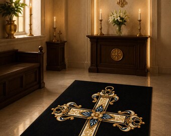 Alfombra de oración con cruz azul y dorada ornamentada, reclinatorio católico, alfombra negra, decoración para altar doméstico, espacio sagrado, regalo espiritual cristiano