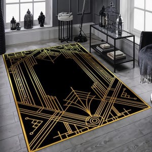 Art Deco Rug: Black & Gold Geometric Carpet, Glam Style