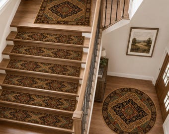 Leopard Stair Treads, Animal Print Step Covers, Vintage Floral Stair Mats, Washable Non Slip Tread, Round Landing Mat Set, Maximalist Rug