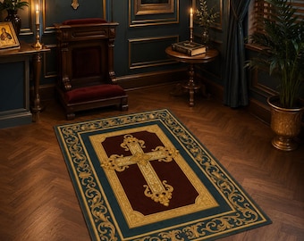 Alfombra de oración católica con cruz dorada ornamentada, alfombra para reclinatorio, color burdeos y turquesa, decoración de altar para el hogar, espacio sagrado cristiano vintage.