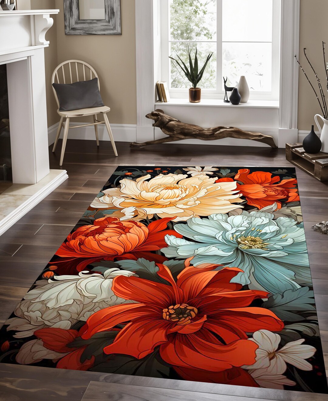 Floral Area Rug: Boho Roses Pattern, Living Room Decor - Etsy