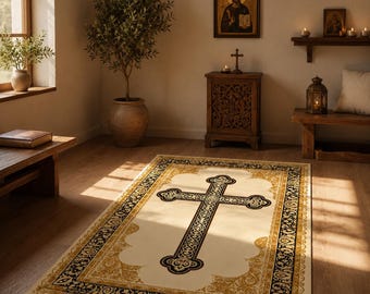 Alfombra de oración cristiana beige y dorada, reclinatorio católico, cruz negra ornamentada, decoración para altar doméstico, espacio sagrado ortodoxo, regalo vintage