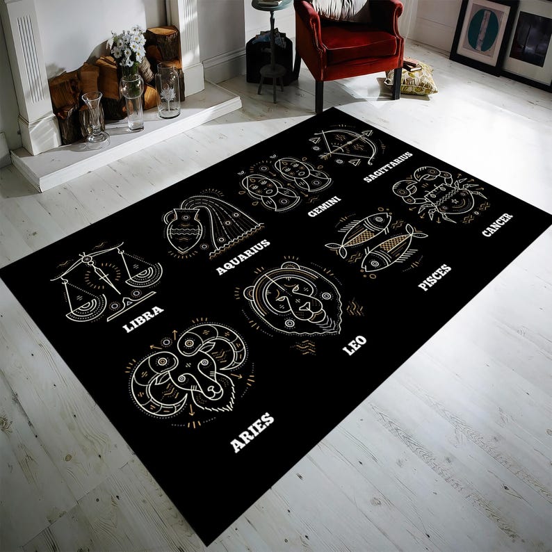 Zodiac Sign Black Rug: White Print Astrology Home Decor - Etsy