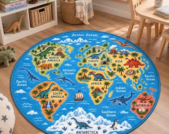 Dinosaur World Map Rug, Educational Kids Area Rug, Round Dino Geography Carpet, Playroom Nursery Bedroom Learning Decor