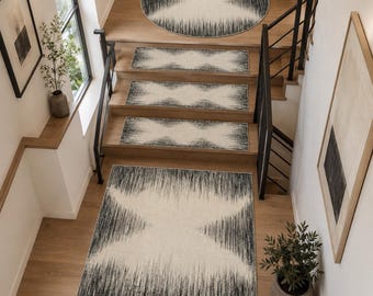 Modern Stair Tread Rug, Black Cream Abstract Rug, Stair Landing Rug, Round Rug, Minimalist Entryway Hallway Decor, Contemporary Carpet