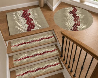 Red Stair Tread Rug, Stair Landing Rug, Geometric Dot Rug, Round Rug, Square Rug, Beige Red Stair Mats, Modern Hallway Entryway Decor