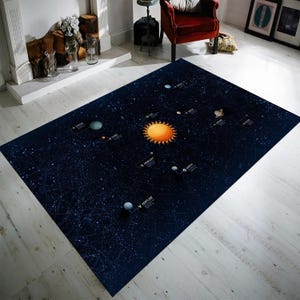 May include: A dark blue rug with a white starry sky design and a depiction of the solar system with the planets and the sun. The planets are labeled with their names.