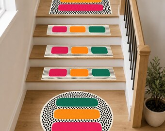 Retro Pop Art Stair Treads, Colorful Geometric Step Mats, Memphis Style Staircase Decor, Non-Slip Wooden Step Cover, Round Landing Mat