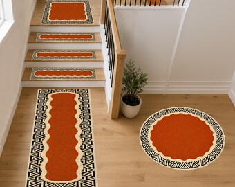 Terracotta Stair Treads, Geometric Step Mats, Boho Staircase Decor, Non-Slip Wooden Step Cover, Round Landing Mat, Orange Tribal Rug