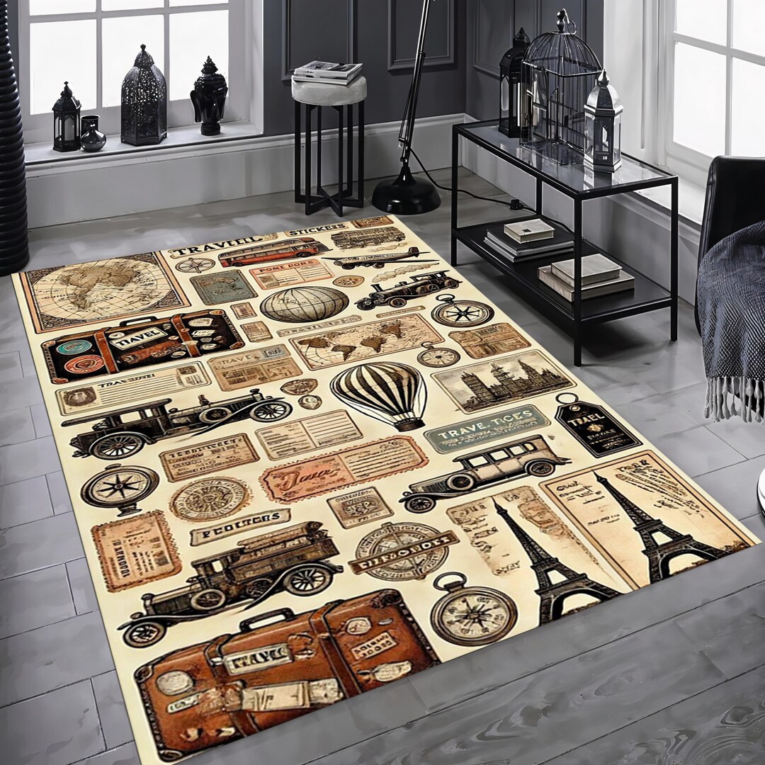 Traveling Rug Vintage Travel Rug: Retro Map, Suitcase & Hot Air Balloon Decor - Etsy