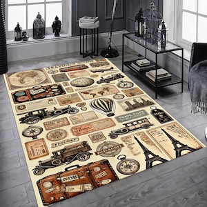 tapis de voyage vintage, tapis carte rétro, décoration aventure, tapis sur le thème de Paris, tapis imprimé valise, oeuvre d'art au sol boussole, déco montgolfière, cadeau