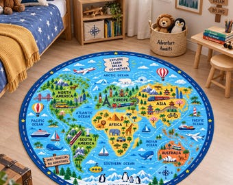 Kids World Map Rug, Educational Travel Area Rug, Round Geography Carpet, Adventure Playroom Nursery Bedroom Learning Decor