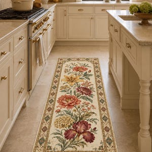 May include: A rectangular runner rug featuring a cream-colored background with a central botanical print of large, colorful flowers including red, pink, yellow, and burgundy blooms, surrounded by a decorative border with intricate geometric patterns.