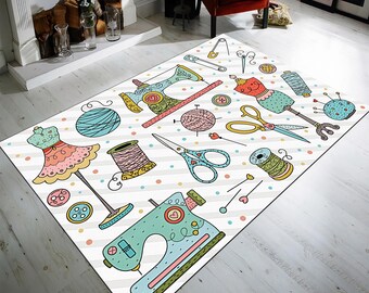 Alfombra para sala de costura: Decoración colorida para estudio de acolchado y manualidades.
