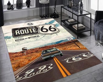 Route 66 Area Rug, Vintage Classic Car Carpet, Americana Highway Decor, Man Cave Accent Rug, Nostalgic Road Trip Mat, Retro Room Decor