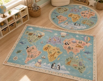 Kids World Map Rug, Educational Geography Area Rug, Round Nursery Carpet, Animal Map Playroom Rug, Boys Girls Bedroom Learning Decor