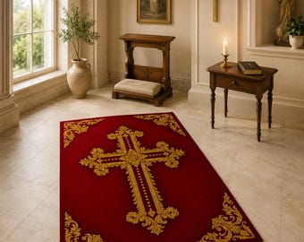 Alfombra de oración cristiana roja y dorada, reclinatorio católico con cruz ornamentada, decoración para altar doméstico, regalo religioso espiritual vintage