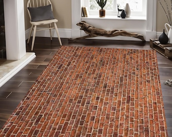 Brick Pattern Rug: Red Stone Print, Boho Decor