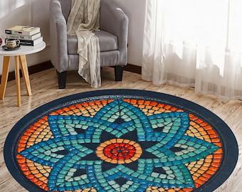 Alfombra redonda de mosaico: Mandala colorido, alfombra de estilo bohemio.