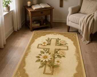 Alfombra de oración con cruz floral, alfombra católica para reclinatorio, decoración botánica para altar doméstico, color beige, regalo cristiano vintage, espacio sagrado.