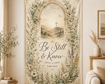 Tapiz con el versículo 46:10 «Estad quietos y sabed», arte cristiano para pared, adorno colgante con versículo bíblico de estilo cottagecore, regalo religioso para inauguración de casa, decoración con escrituras.