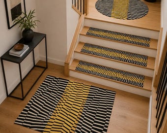 Geometric Stair Tread Rug, Black Yellow Stair Mats, Optical Illusion Rug, Stair Landing Rug, Round Rug, Modern Entryway Hallway Decor