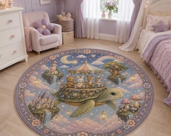 Round Turtle Rug, Whimsical Kids Area Rug, Fantasy Carousel Nursery Carpet, Pastel Girls Bedroom Playroom, Fairytale Animal Decor