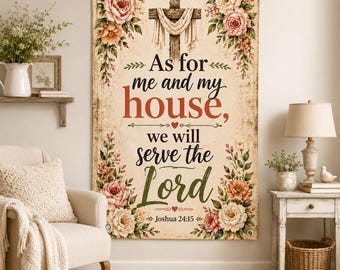 Tapiz de Josué 24:15, En cuanto a mí y a mi casa, serviremos al Señor, Decoración cristiana para el hogar, Colgante de pared vintage con cruz floral, Regalo familiar